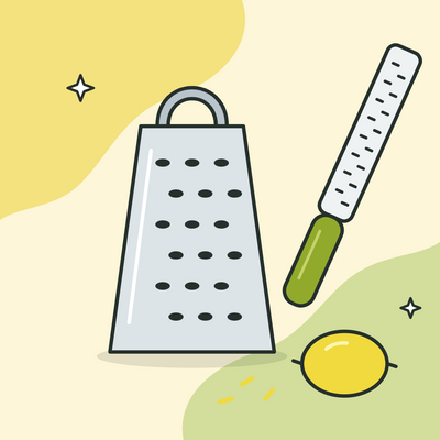 Illustration of a box grater, a long zester and a lemon