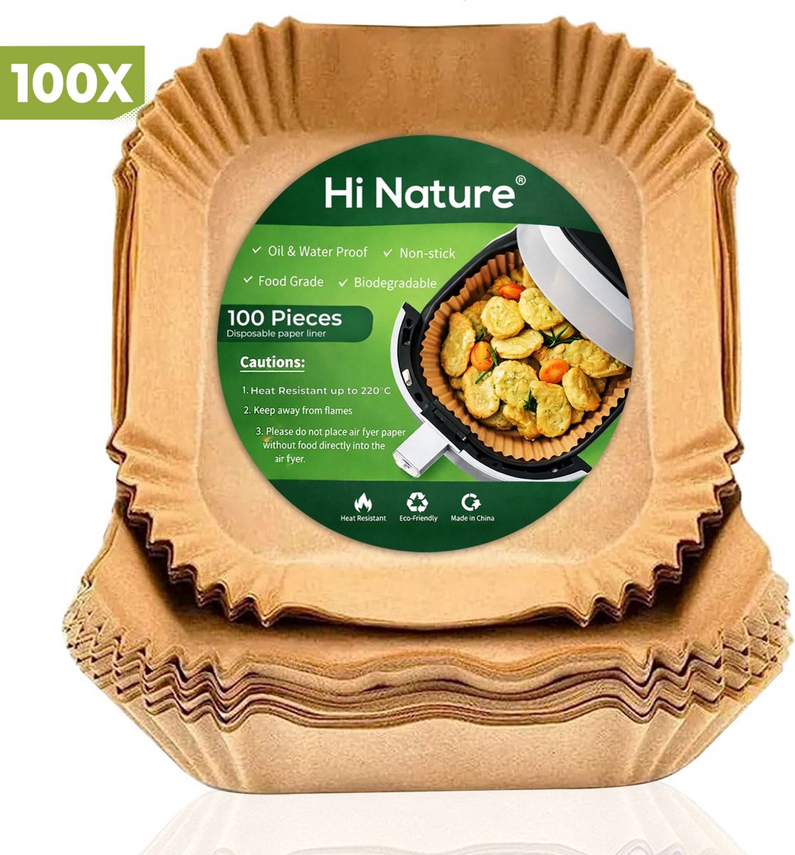 Hi Nature non-stick air fryer liners, 100-pack square paper liners