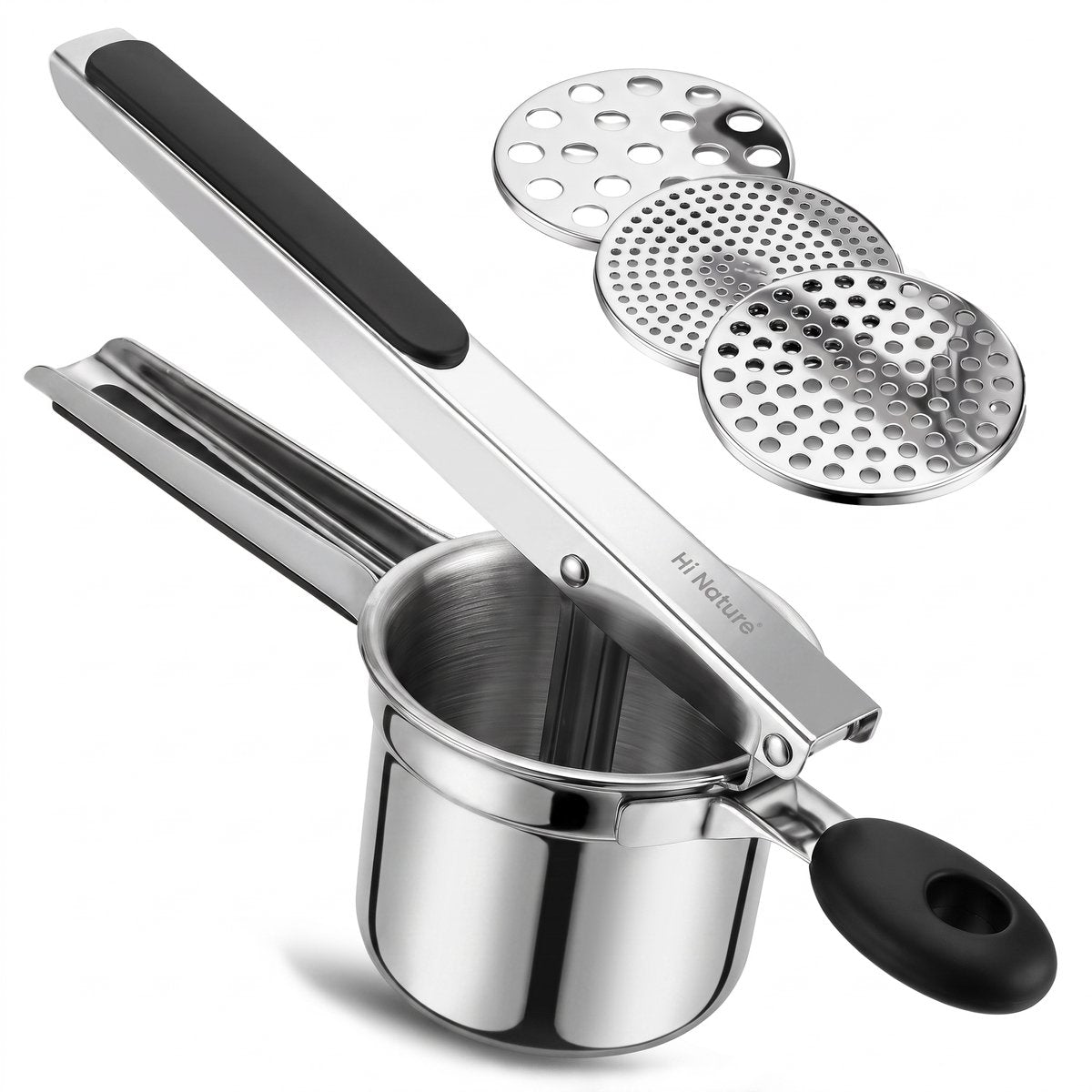 Hi Nature stainless steel potato masher with 3-hole disc and silicone handle