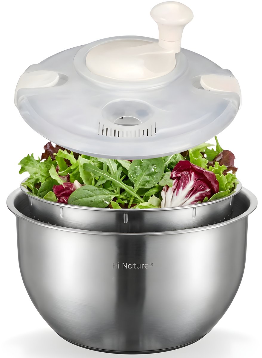 Hi Nature 5L stainless steel salad spinner with serving bowl
