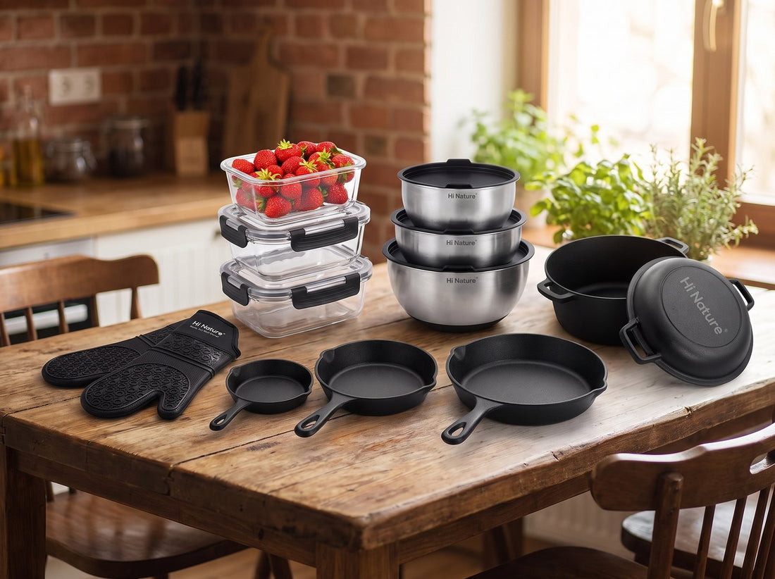 Sustainable corporate Christmas gifts: HI NATURE kitchenware on a wooden table