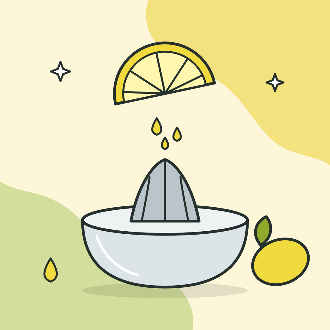 Illustration of a citrus juicer with a lemon half and juice drops