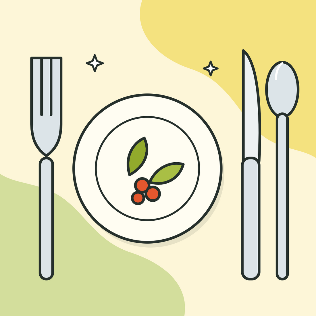 Illustration of a place setting with fork, knife, spoon and plate