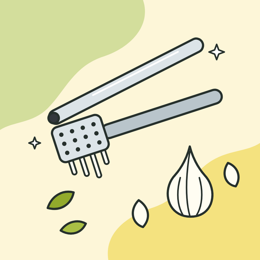 Illustration of a stainless steel garlic press with a garlic bulb and cloves