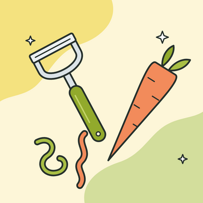 Illustration of a vegetable peeler, a carrot and vegetable ribbons
