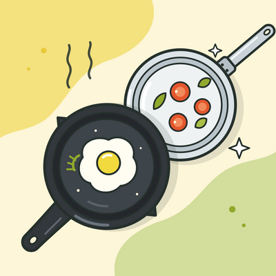 Illustration of a cast iron skillet with a fried egg next to a stainless steel frying pan