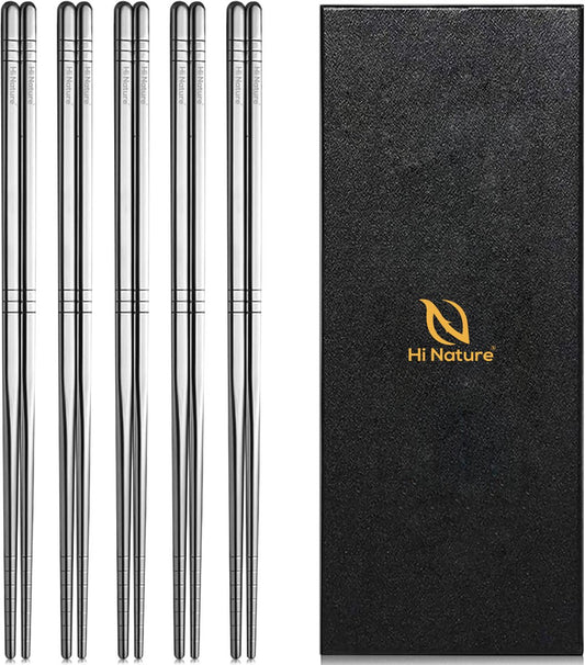 Hi Nature silver stainless steel chopsticks set, 5 pairs