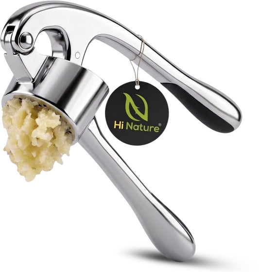 Hi Nature stainless steel garlic press with ergonomic handle and drip tray