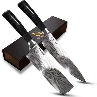Hi Nature Japanese chef and Nakiri knife set with Damascus pattern