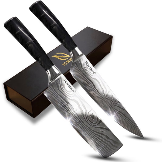 Hi Nature Japanese chef and Nakiri knife set with Damascus pattern