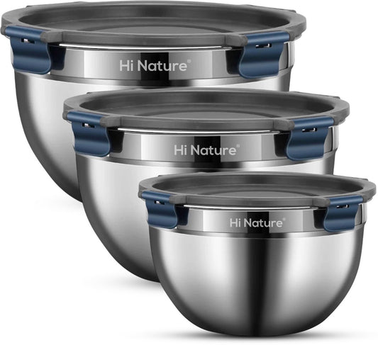 Hi Nature stainless steel mixing bowls set of 3 with clip-lock lids