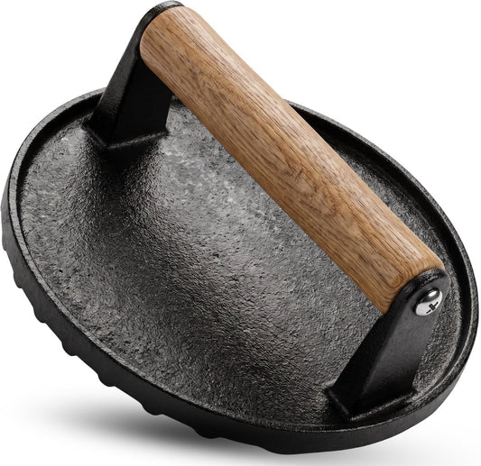 Hi Nature cast iron burger press with wooden handle