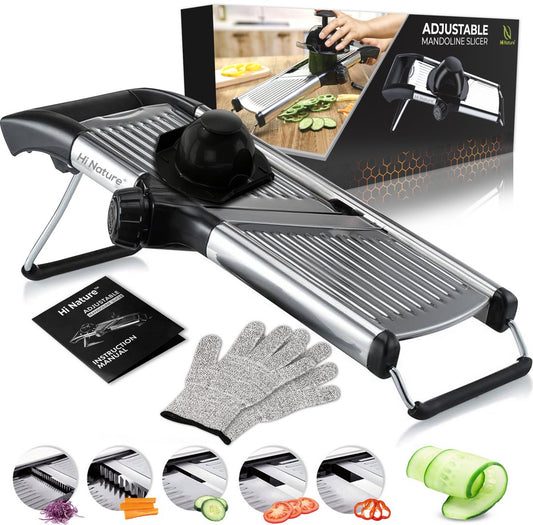Hi Nature stainless steel mandoline slicer with adjustable thickness and safety gloves