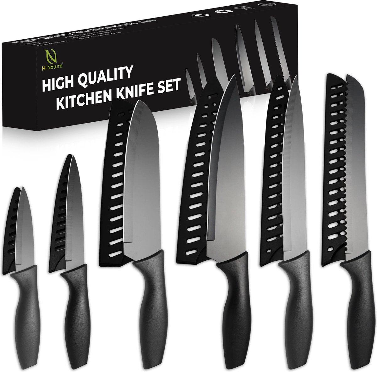 Hi Nature 6-piece black kitchen knife set with blade guards