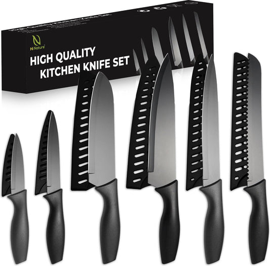 Hi Nature 6-piece black kitchen knife set with blade guards