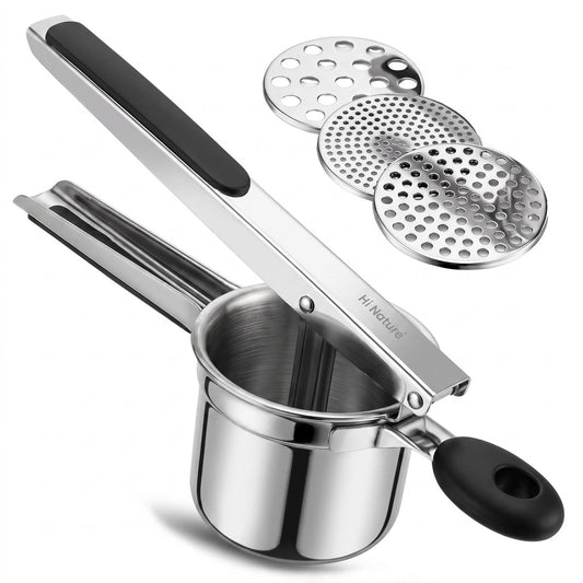 Hi Nature stainless steel potato masher with 3-hole disc and silicone handle