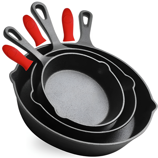 Hi Nature cast iron pan set of 3 with pour spouts and silicone handles