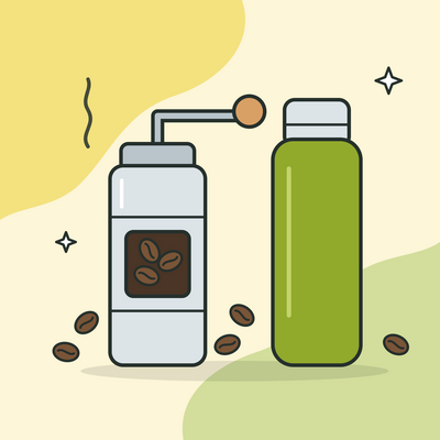Illustration of a manual coffee grinder, a thermos flask and coffee beans